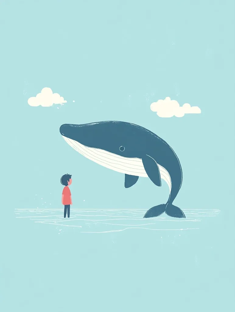 Here's a description of the image:

The illustration depicts a serene scene of a small child standing on a pale blue shoreline, gazing up at a large whale partially submerged in the water. The whale, rendered in shades of teal and blue, is positioned with its head and upper body visible above the waterline.  The sky is a light blue, dotted with simple, fluffy white clouds. The overall style is minimalist and whimsical, evoking a sense of wonder and childlike curiosity.  The color palette is soft and calming.