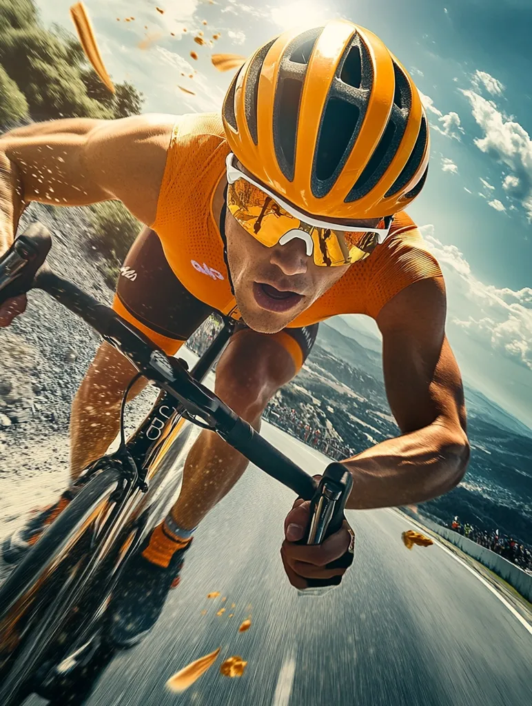Here's a description of the image:

A dynamic, low-angle close-up captures a cyclist in intense motion.  The cyclist, wearing an orange jersey and matching helmet, is hunched low over a sleek black bicycle, their face focused and determined.  Bright yellow sunglasses shield their eyes. The background blurs into a fast-moving panorama of a winding road and distant spectators, emphasizing the speed and energy of the scene. Orange-brown particles, possibly debris from the race, streak through the air, adding to the dynamism of the image.  The overall effect is one of adrenaline-fueled competition.