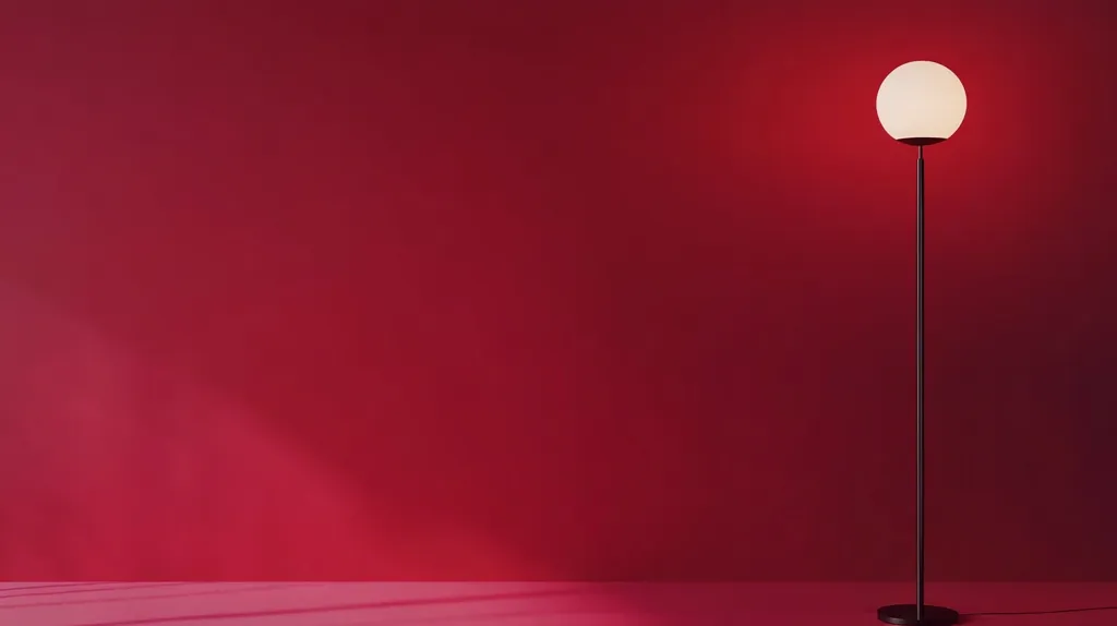 Here's a description of the image:

The image shows a minimalist scene with a single, modern floor lamp against a deep crimson wall.  The lamp features a slender, black metal stem supporting a large, opaque white spherical shade. A soft light emanates from the shade.  Sunlight streams in from an unseen window, casting a subtle shadow across the floor. The overall aesthetic is clean, simple, and elegant. The focus is sharply on the lamp and its contrast against the rich red background.