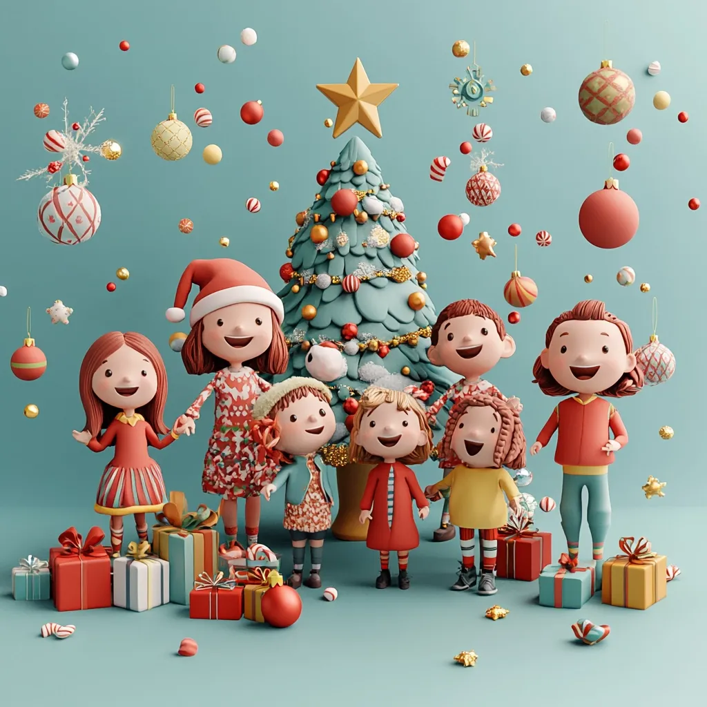 A festive 3D rendering depicts a group of cheerful cartoon children standing before a decorated Christmas tree.  They're dressed in holiday attire, holding hands, and surrounded by colorful ornaments and presents.  The scene is set against a teal backdrop with falling baubles and candy canes, creating a joyous and whimsical Christmas atmosphere.  The overall style is cute and playful.