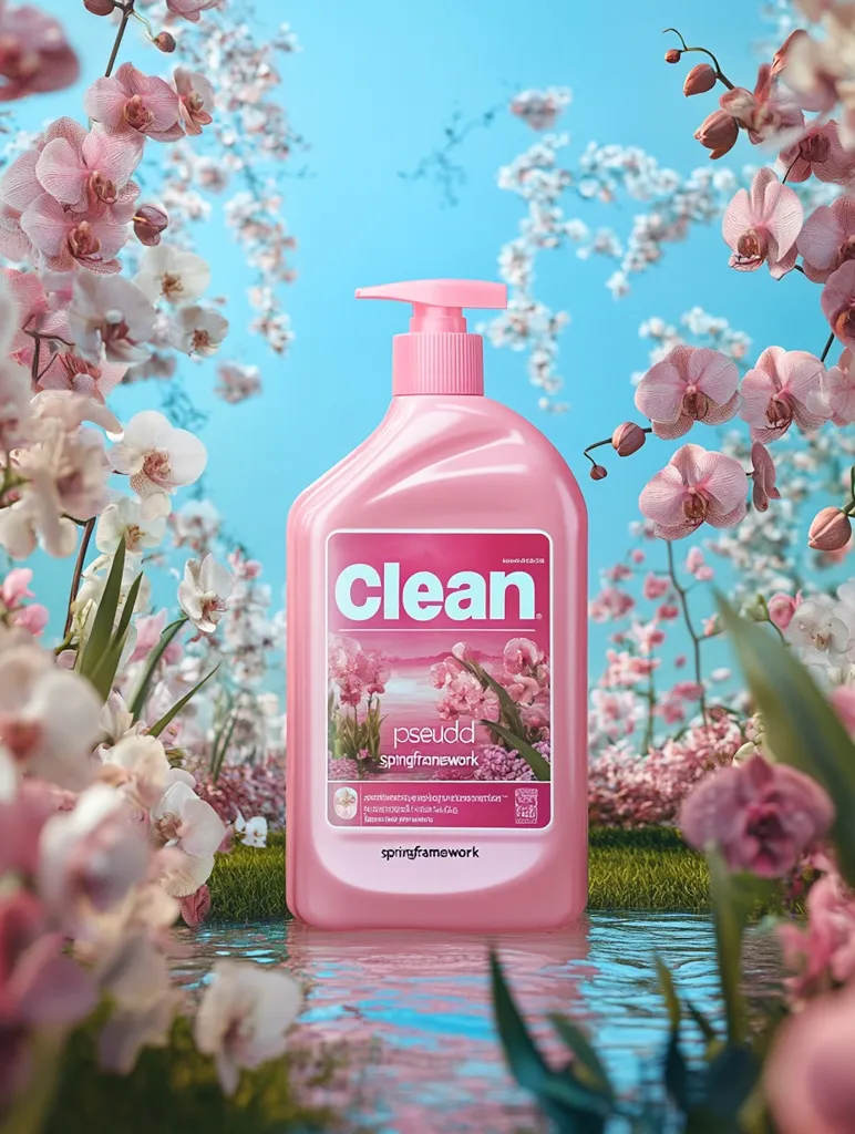 A pink bottle of "Clean" pseudd springframework brand hand soap is nestled amongst a vibrant display of pink orchids and blossoms.  The bottle features a pump dispenser and showcases a floral design on its label. The scene is idyllic, with a tranquil body of water reflecting the flowers and bottle, creating a serene and clean aesthetic. The overall image suggests freshness and purity.
