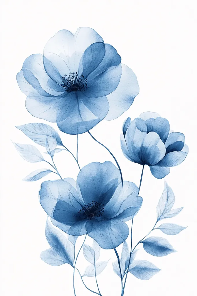 Here's a description of the image:

The image is a watercolor-style rendering of three delicate, translucent blue flowers and their stems, set against a stark white background. The flowers are stylized, with soft, almost ethereal petals that seem to overlap and fade, giving them a dreamy quality.  The largest flower dominates the top, while two smaller blooms sit below it.  The leaves are similarly rendered, with delicate veins visible through their translucent forms. The overall effect is one of serene beauty and understated elegance.