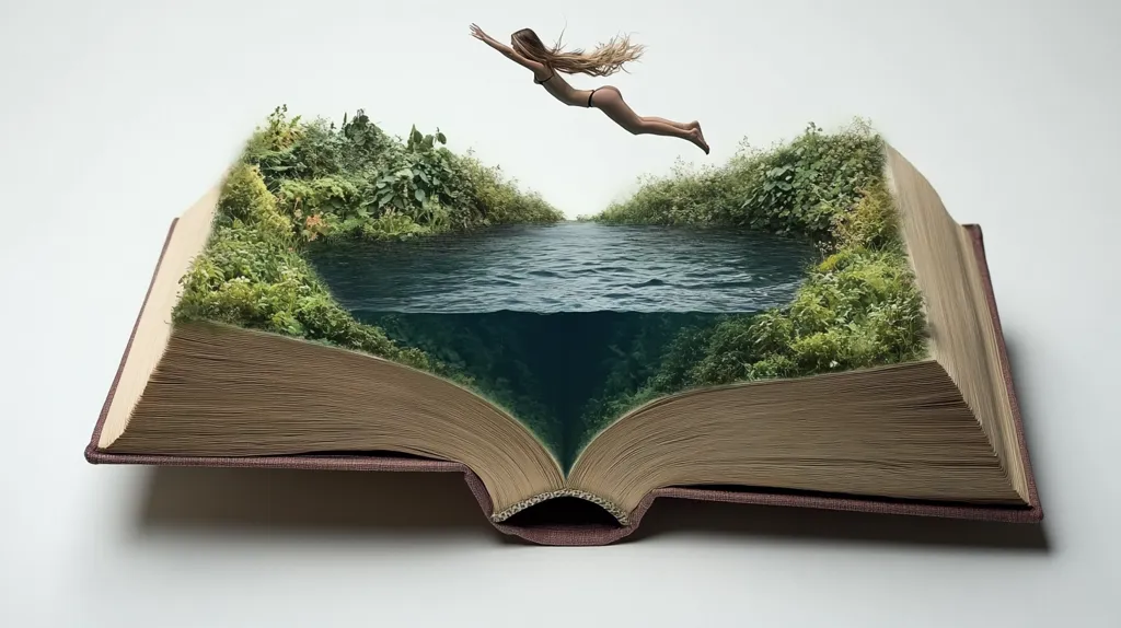 A surreal image depicts a woman in a bikini diving into a river flowing through the pages of a large, open book. Lush greenery lines the riverbanks, which are formed by the book's pages. The water is clear, showing the riverbed below.  The scene blends reality and fantasy, suggesting the immersive power of reading or the escape into a fictional world. The book's aged appearance adds to the sense of a timeless story.