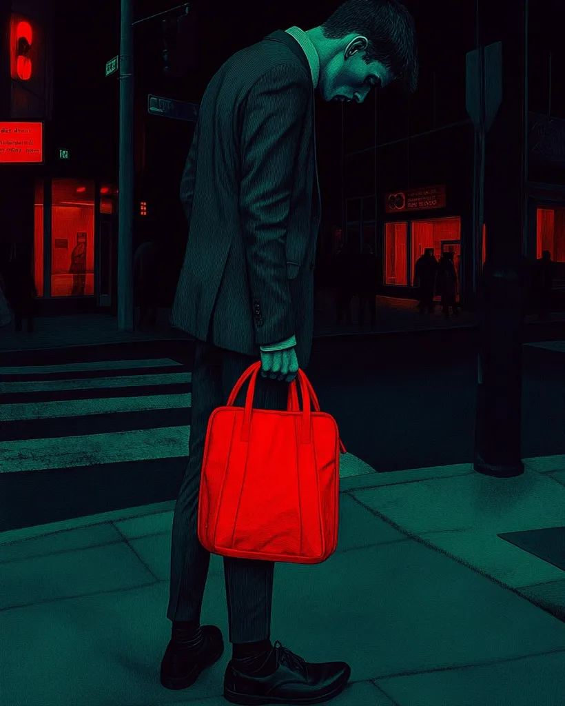 A man in a dark suit, head bowed, stands on a city street at night. He carries a vibrant red briefcase. The scene is rendered in a dark teal and red color palette, emphasizing the solitude of the figure against the backdrop of dimly lit buildings and a nearly empty street. The overall mood is somber and suggestive of weariness or contemplation. The stark contrast between the man's dark attire and the bright red bag draws attention to his burdened state.