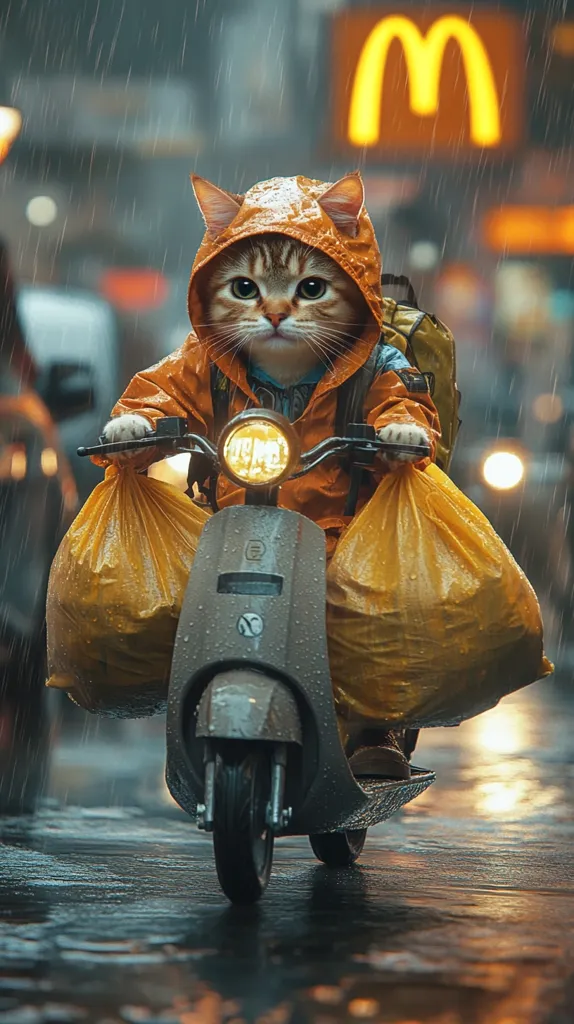 A tabby cat, wearing an orange raincoat and carrying a backpack, rides a small motor scooter through a rainy city street.  The cat grips the handlebars, two yellow plastic bags hanging from the scooter's front.  A blurred McDonald's sign is visible in the background, adding to the scene's whimsical and slightly surreal quality. Rain slicks the street, reflecting the city lights. The overall image is vibrant yet moody, showcasing a charmingly unusual sight.