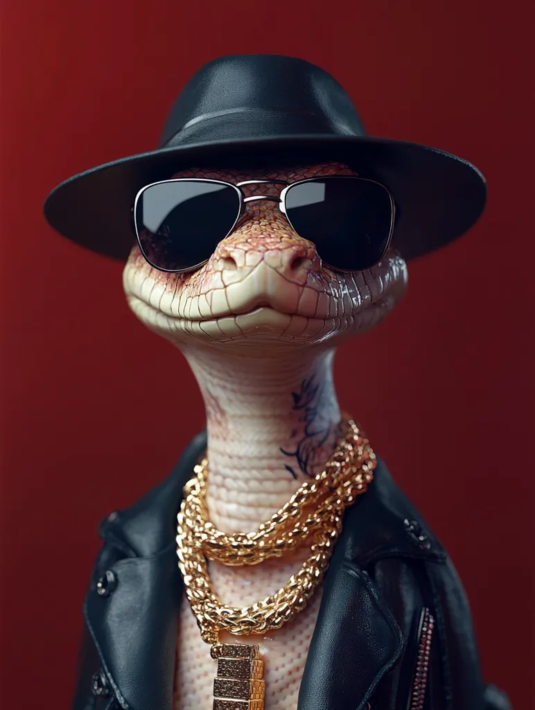 Here's a description of the image:

The image shows a stylized rendering of a snake dressed in gangster attire.  The snake sports a black fedora, dark aviator sunglasses, and a black leather jacket.  A prominent gold chain necklace with a large pendant adorns its neck. The snake's skin is textured and detailed, and it has a small tattoo visible on its neck. The background is a solid, deep red, creating a stark contrast with the snake's outfit. The overall style is humorous and slightly surreal.