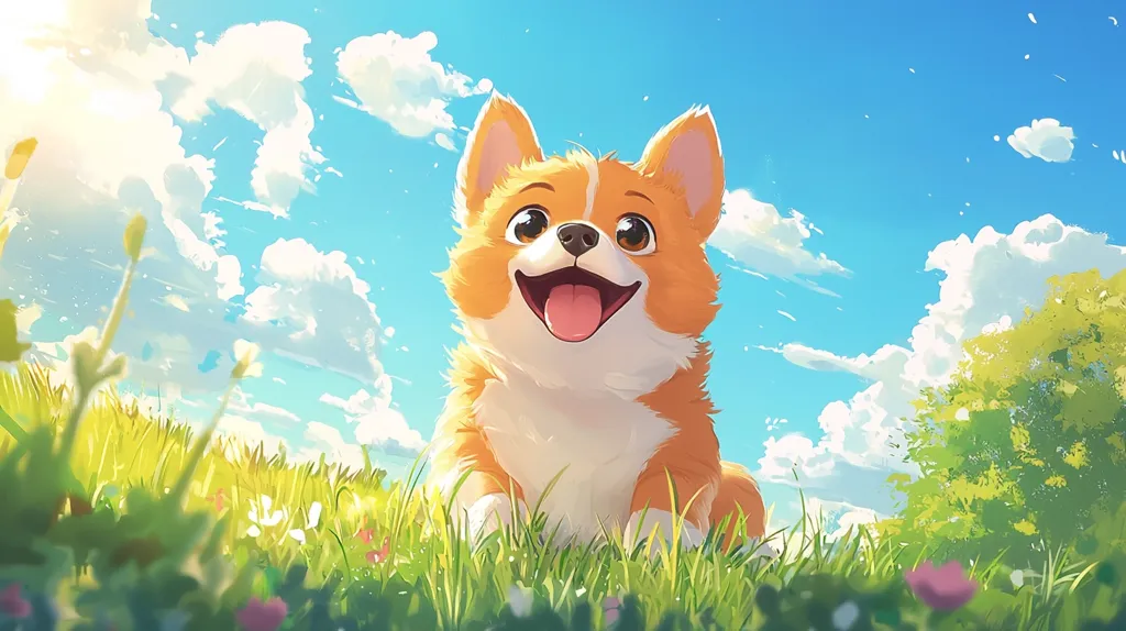 Here's a description of the image:

The illustration showcases a cheerful, stylized corgi puppy sitting in a vibrant green field. Its fur is a blend of orange and white, and its expression is one of pure joy, its tongue playfully sticking out. The background features a bright blue sky dotted with fluffy white clouds, and hints of green trees and wildflowers. The overall style is whimsical and cartoonish, with soft, painterly brushstrokes creating a dreamlike atmosphere. The image evokes feelings of warmth, happiness, and the beauty of nature.