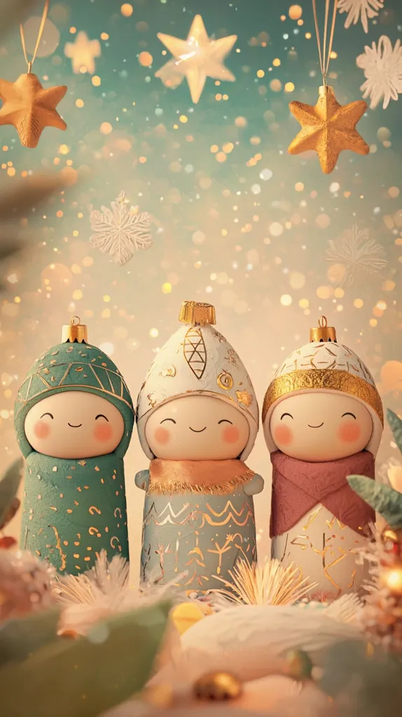 Three adorable, handcrafted ornaments resembling snowmen are nestled amidst a whimsical winter scene.  Each ornament boasts a unique pastel color palette—teal, light blue, and blush pink—adorned with gold detailing. They feature cheerful, smiling faces and are surrounded by sparkling bokeh lights, snowflakes, and gold stars, creating a festive and magical atmosphere. The overall aesthetic is charming and delicate, evoking the warmth and joy of the Christmas season.