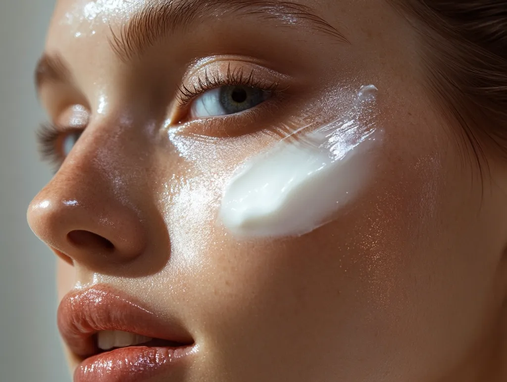 Close-up of a young woman's face with a white cream applied to her cheekbone.  The skin appears dewy and radiant, highlighted by natural light.  The cream is visibly textured, showing a smooth, creamy consistency.  Her eyes are partially visible, showcasing light blue irises and long lashes. The overall impression is one of skincare and beauty, emphasizing a natural, healthy glow.