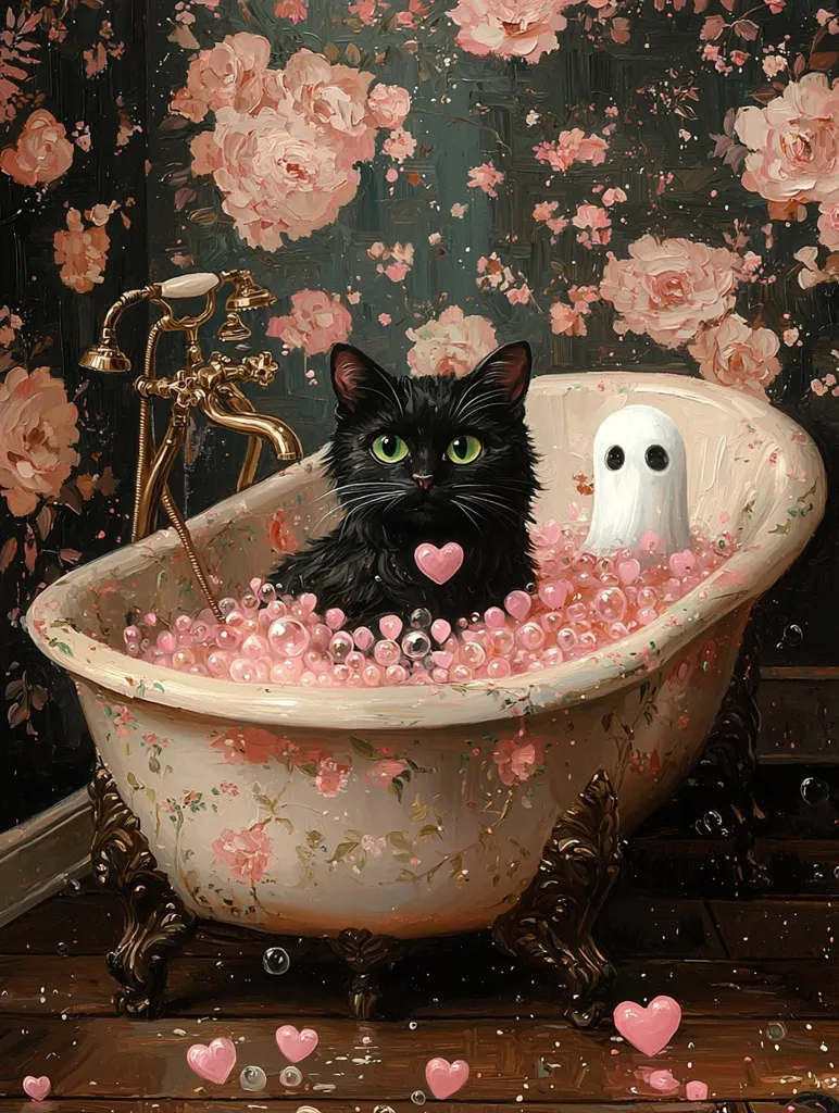 A black cat with bright green eyes sits in a vintage claw-foot bathtub filled with pink bath bubbles.  A small, white ghost floats beside it.  Pink hearts float around the tub and on the floor. The ornate tub is situated in a room with a dark, floral wallpaper featuring large pink roses. The scene is painted in a highly detailed, almost surreal, style, blending elements of whimsy and the slightly macabre.  The overall aesthetic is romantic and gothic.