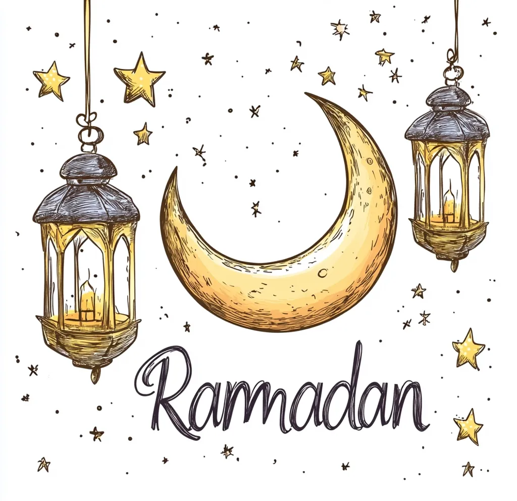 This illustration celebrates Ramadan.  A crescent moon, a prominent symbol of the holiday, is depicted alongside two ornate hanging lanterns, each emitting a warm glow.  Scattered stars add to the celestial ambiance.  The word "Ramadan" is elegantly scripted below, completing the festive scene. The hand-drawn style gives the image a charming, traditional feel.