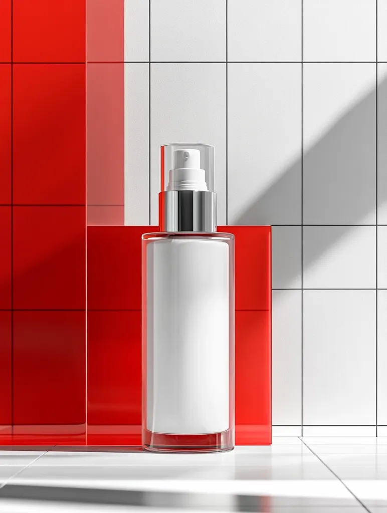 A cylindrical glass bottle with a white label and silver pump sits on a white surface.  It's partially in front of a bright red block, which is set against a white tiled wall.  Sunlight casts a shadow across the wall. The image is minimalist and clean, suggestive of a beauty product or cosmetic.  The contrast between the red and white creates a visually striking presentation.