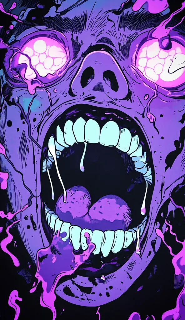 Here's a description of the image:

The image is a stylized, comic-book-style illustration of a monstrous face, predominantly in shades of purple and pink.  The creature's mouth is wide open in a ferocious scream, revealing sharp teeth and a dripping tongue. Its eyes glow with an intense, otherworldly light.  The overall style is dark and intense, with a splattered effect suggesting violence or decay. The lines are bold, and the color palette creates a striking visual effect. The artwork conveys a sense of aggression and horror.