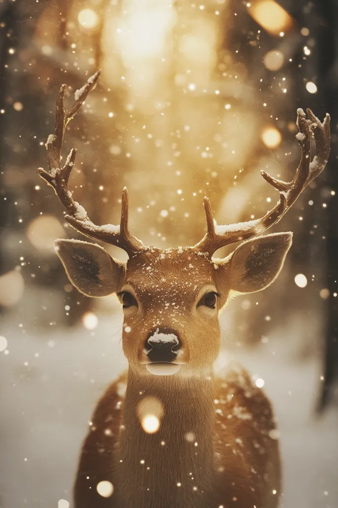 A young deer stands in a snowy winter forest, its antlers dusted with snow.  Golden sunlight filters through the trees, creating a warm glow around the deer.  Snowflakes gently fall, adding to the serene and magical atmosphere. The deer gazes directly at the viewer, its fur subtly highlighted by the light. The overall image evokes a feeling of peaceful winter beauty.