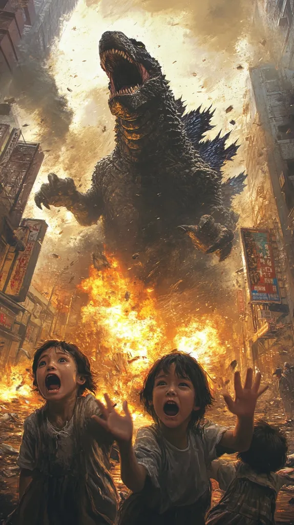 A dramatic illustration depicts Godzilla, a colossal monster, towering over a burning cityscape.  Its gaping maw and clawed feet are prominent. Below, two terrified children, their mouths agape in screams, raise their hands in fear amidst the fiery chaos and collapsing buildings.  The scene is filled with intense action and destruction, conveying a sense of overwhelming terror and impending doom.