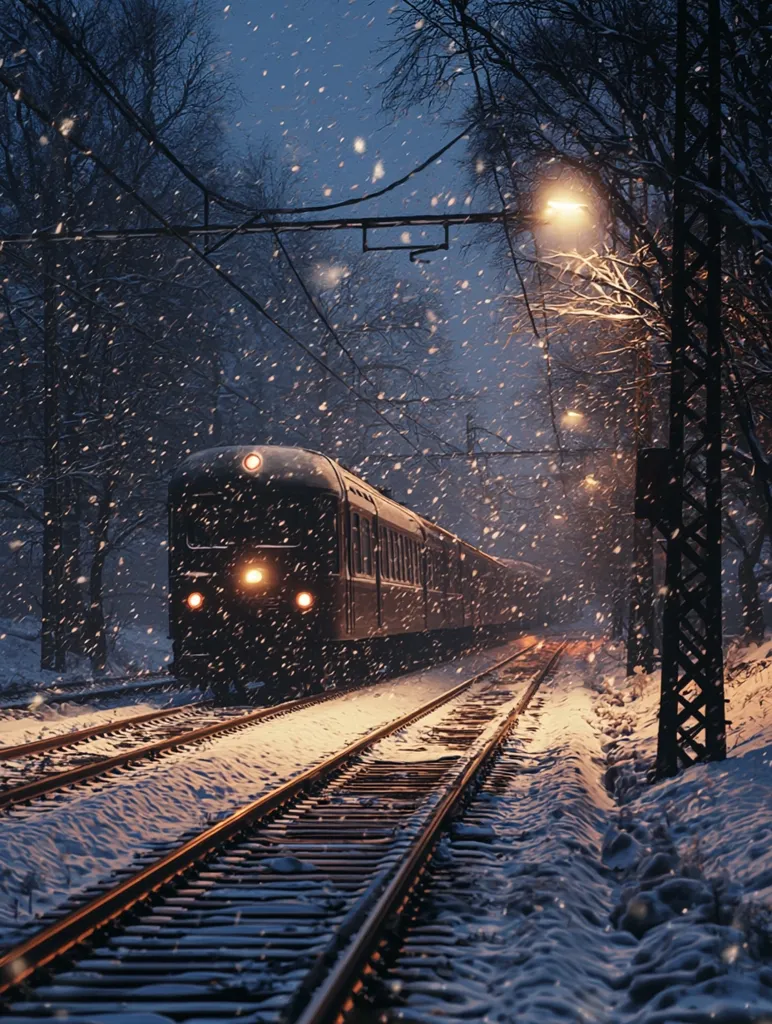A long passenger train moves through a snow-covered landscape at night.  Snow falls heavily, illuminated by streetlights lining the tracks.  Bare, snow-laden trees frame the scene, creating a wintry, atmospheric ambiance. The train's headlights pierce the falling snow, suggesting a journey into the dark, snowy night. The overall impression is one of quiet beauty and peaceful travel in a winter wonderland.