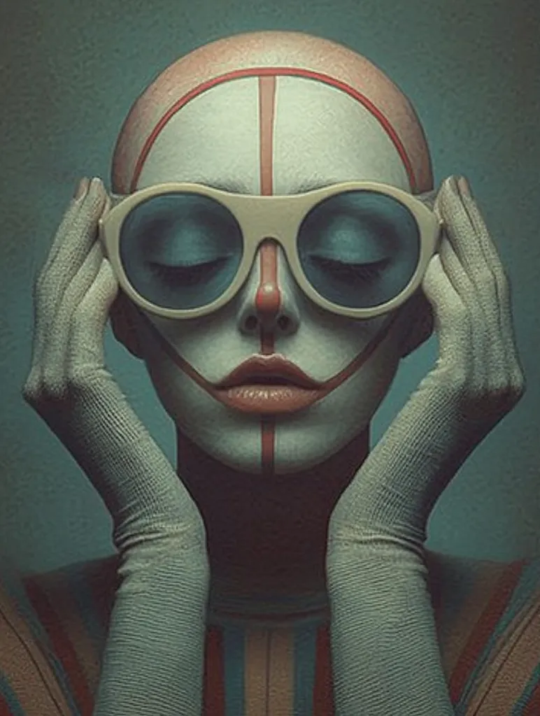 The image shows a stylized portrait of a bald, pale-faced woman with red and white painted lines on her face, resembling a clown's makeup.  She wears large, round, light-colored sunglasses and her eyes are closed. Her hands, covered in light-grey fabric, gently hold the sunglasses to her face. She is dressed in a striped, multicolored outfit. The overall mood is serene yet slightly unsettling, with a blend of whimsical and mysterious elements. The background is a muted teal.