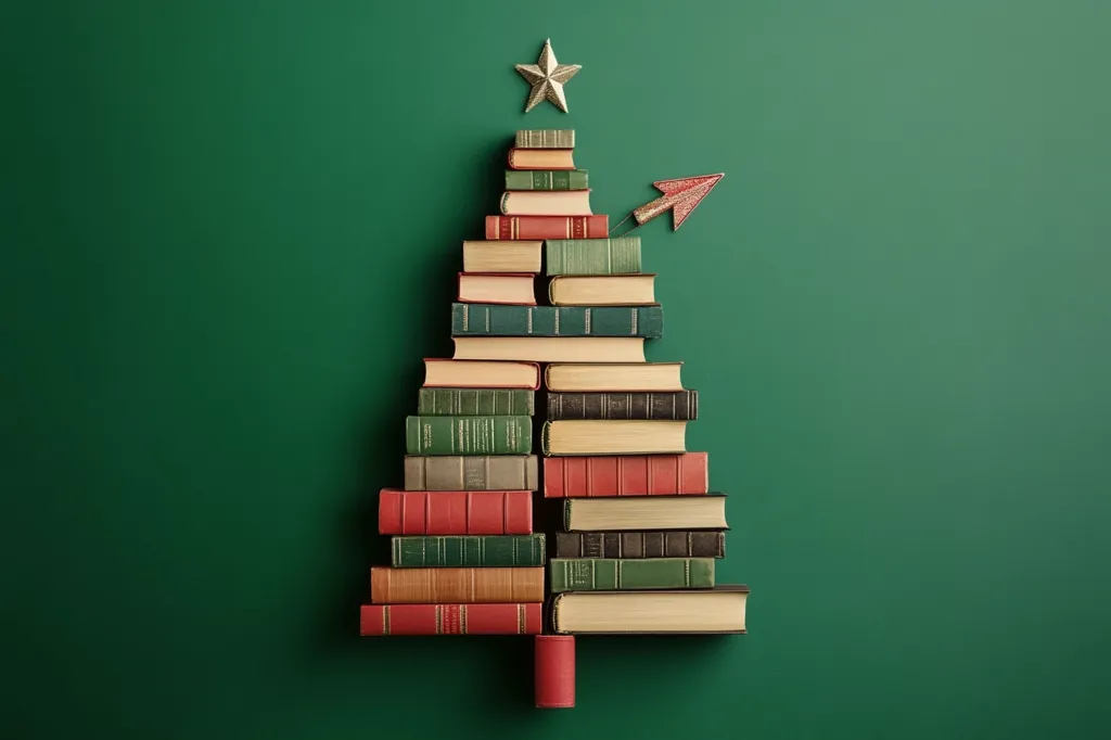 A Christmas tree is creatively constructed from a stack of vintage books against a deep green background.  The books, varying in color and size, are arranged in a tiered triangular shape, topped with a small gold star. A small, red, airplane-shaped ornament is positioned slightly off-center, adding a playful touch to the literary holiday display. The image evokes a sense of warmth and nostalgia.