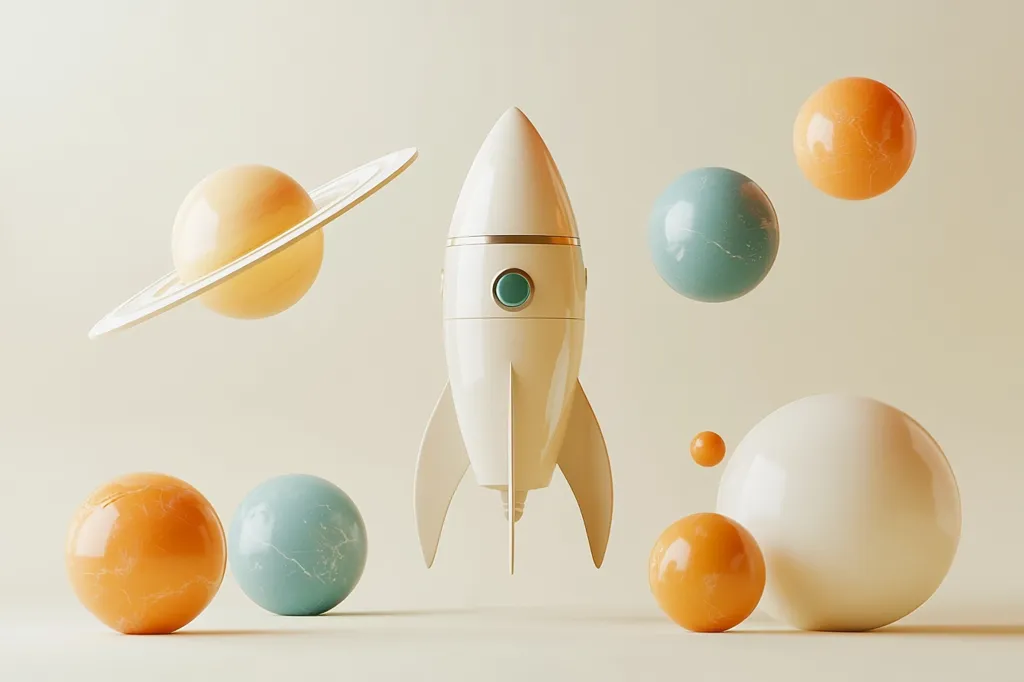 Here's a description of the image:

A stylized 3D rendering depicts a creamy-white rocket ship hovering amidst pastel-colored spheres and a ringed planet.  The rocket has a teal button detail. The spheres are predominantly peach and teal, with varying sizes, while one large sphere is off-white. The background is a soft, neutral beige. The overall aesthetic is clean, minimalist, and evokes a sense of playful space exploration.