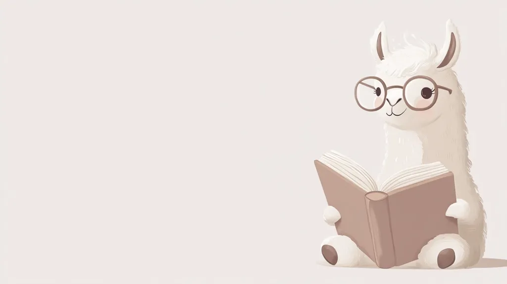 Here's a description of the image:

The image features a cute, cartoon-style llama sitting and reading a book.  The llama is white with soft, fluffy fur, and wears round, brown-rimmed glasses. It holds a light brown book open in its paws. The background is a pale, neutral color, providing a simple backdrop that emphasizes the charming llama and its reading activity. The overall style is soft, gentle, and evokes a feeling of calmness and wholesomeness.