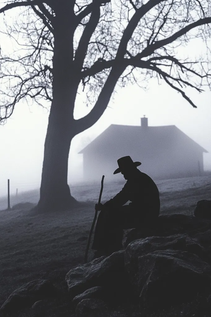 A solitary figure, silhouetted against a misty landscape, sits on a rock, leaning on a staff.  The individual wears a wide-brimmed hat and long coat, suggesting a rural or pastoral setting.  A large, bare tree dominates the foreground, its branches reaching towards a barely visible farmhouse shrouded in fog. The overall mood is one of quiet contemplation or melancholy.  The monochrome palette enhances the somber atmosphere.