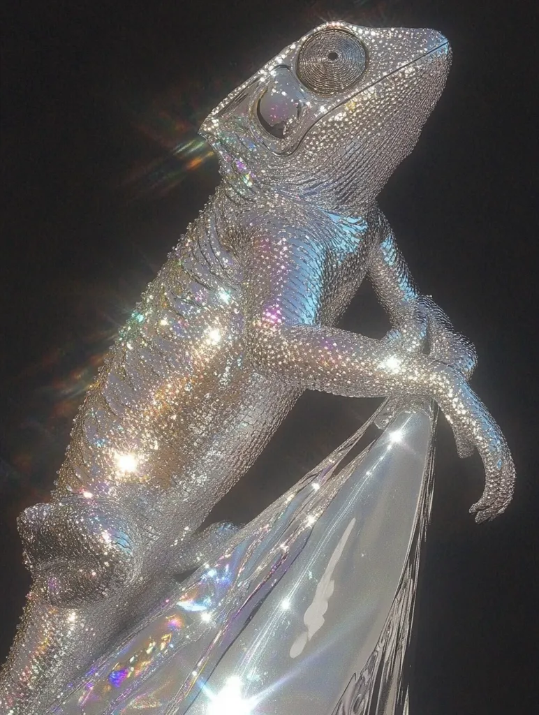 Here's a description of the image:

The photograph showcases a striking, seemingly sculpted chameleon, entirely encrusted with glittering, iridescent crystals. The chameleon's pose is dynamic, its body arched and limbs elegantly positioned.  The chameleon rests atop a similarly shimmering, sculpted surface, possibly a wave or abstract form, reflecting light and adding to the overall dazzling effect. The background is a deep black, creating a dramatic contrast and highlighting the dazzling silver and rainbow-like reflections of the sculpture. The overall aesthetic is luxurious, glamorous, and surreal.