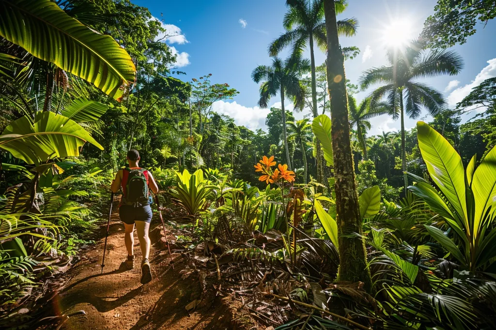 A hiker with a backpack and trekking poles walks a trail through a lush, vibrant tropical forest.  Sunlight streams through the dense canopy, illuminating a path bordered by large, vibrant green leaves and palm trees.  Orange flowers punctuate the greenery, adding a splash of color. The scene evokes a sense of adventure and the beauty of a secluded, exotic paradise.