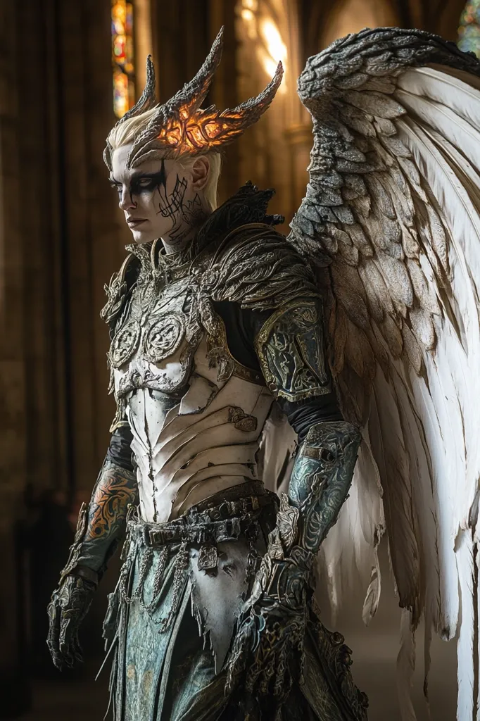 Here's a description of the image:

The image shows a striking figure, possibly a cosplay or statue, in elaborate costume.  The figure boasts large, ornate, glowing horns and large, tattered, grey-white feathered wings. They wear intricately detailed armor, a mix of light and dark colors, with a distressed, aged aesthetic.  The armor is layered and covers much of the body, including gauntlets and a belt.  Facial makeup adds to the character’s dramatic appearance, with dark markings on light skin. The backdrop is a dimly lit gothic cathedral interior. The overall impression is of a fallen angel or other powerful, otherworldly being.