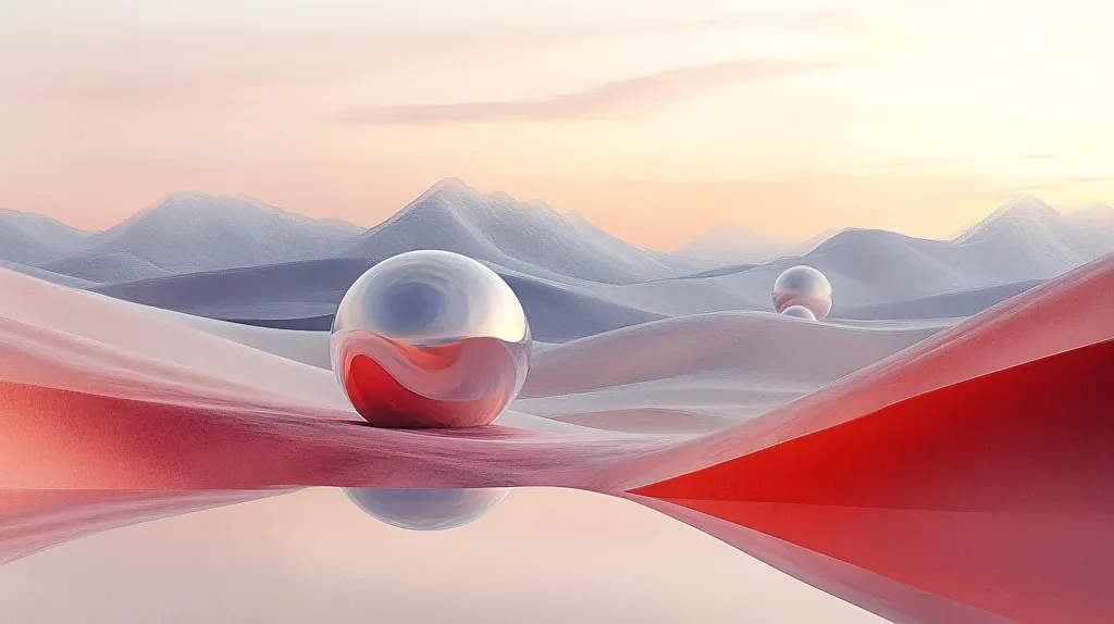 Here's a description of the image:

The image depicts a surreal, minimalist landscape.  Soft, pastel-colored hills, resembling dunes or snowdrifts, stretch across the background under a pale sunrise or sunset sky. In the foreground, a large, reflective silver sphere rests on a pinkish-red, fabric-like surface that ripples gently. A smaller, similar sphere is visible in the distance. The overall effect is one of calm, serenity, and quiet mystery, accentuated by the smooth textures and soft lighting.  The scene is reflected subtly in a still body of water at the base of the hill.