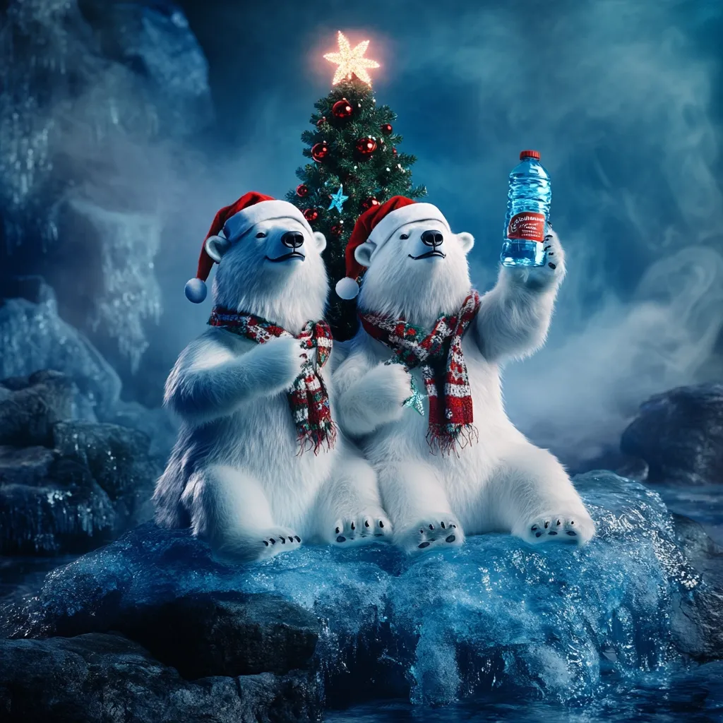 Two polar bears, adorned in Santa hats and festive scarves, sit nestled beside a miniature Christmas tree on a rocky outcrop.  A cascading stream flows beneath them. One bear proudly holds a bottle of water. The scene is set against a dark, moody background suggesting a wintry, arctic landscape, creating a magical and whimsical Christmas advertisement.