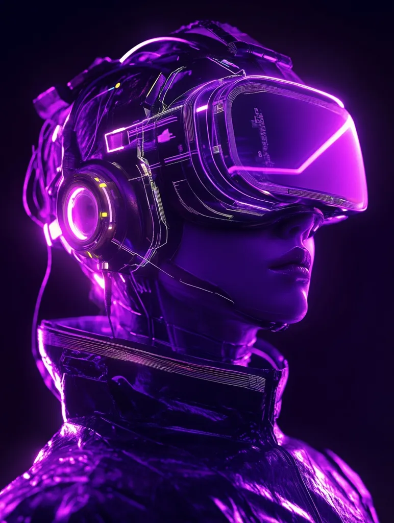 A futuristic figure, bathed in vibrant purple light, is shown wearing a high-tech VR headset and a sleek, metallic suit. The headset is intricately designed, with glowing lines suggesting advanced circuitry. The suit's crinkled texture and the overall aesthetic evoke a cyberpunk or sci-fi setting.  The image's dark background emphasizes the glowing purple accents, creating a dramatic and visually striking effect. The individual appears immersed in a virtual reality experience.