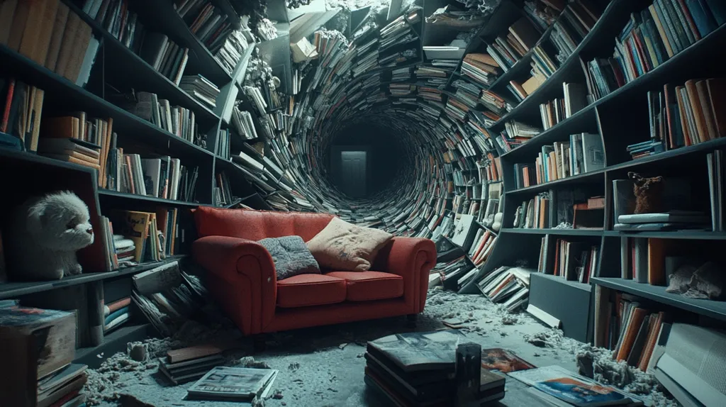 A red couch sits in the center of a room engulfed by books.  The books form a swirling tunnel leading to a distant, dark doorway.  Overstuffed bookshelves line the walls, some books scattered on the floor, creating a sense of chaos and disarray. A small, white dog-like figurine rests on one of the shelves, adding a touch of whimsy to the otherwise overwhelming scene.  The overall atmosphere is surreal and slightly unsettling, hinting at a fantastical or dreamlike setting.