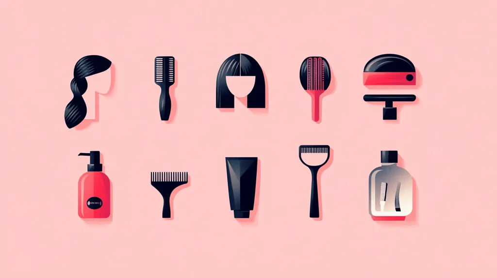 Here's a description of the image:

The image presents a flat-lay collection of hairdressing tools and products on a soft pink background.  Items include two stylized hair models (one with a braid, the other with blunt bangs), various combs and brushes (including a teasing brush and a hair coloring brush), a tube of hair color, a pump bottle of conditioner, a hair dryer attachment, and a bottle of hair product.  All items are rendered in a minimalist, graphic style with bold black outlines and accents of coral red.  The overall aesthetic is clean, modern, and visually appealing.
