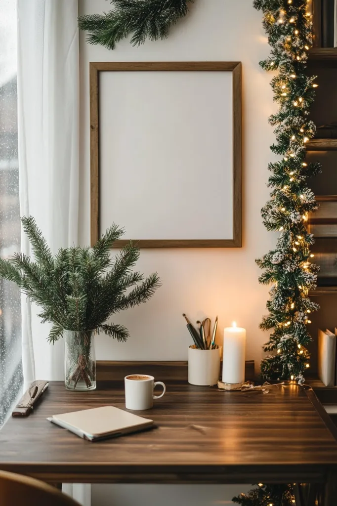 Here's a description of the image:

A cozy workspace is depicted, featuring a dark wood desk bathed in the warm glow of a candle and a string of fairy lights draped along a nearby shelf. A blank, framed picture hangs on the wall, flanked by sprigs of greenery. A mug sits on the desk next to a closed laptop and a vase of fir branches.  The overall aesthetic is minimalist and festive, suggesting a tranquil Christmas or winter setting.  Natural light streams in from a window partially visible to the left. The scene evokes a feeling of calm and productivity.