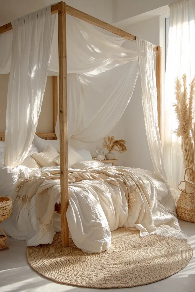 Here's a description of the image:

Sunlight streams into a minimalist bedroom, illuminating a wooden four-poster bed draped in flowing, sheer white curtains.  The bed is dressed in a creamy white linen duvet and bedding, complemented by a textured beige throw. A circular jute rug anchors the bed, adding warmth to the otherwise bright space.  Dried pampas grass in a woven basket adds a touch of natural texture, enhancing the calm, bohemian atmosphere. The overall aesthetic is serene and effortlessly chic.