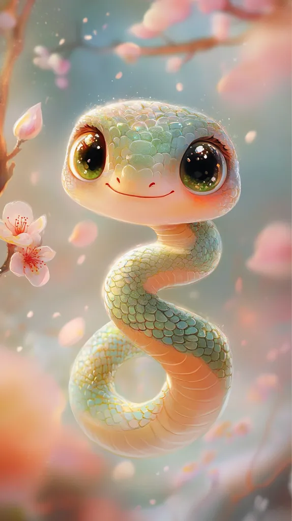 Here's a description of the image:

The image is a whimsical digital painting of a cartoon snake.  The snake is predominantly pale green and peach, with large, expressive eyes that give it an endearing, almost innocent appearance. Its body is curled into a gentle loop, and its scales shimmer with a subtle iridescence. The background features a soft, blurred depiction of a blossoming cherry tree, with delicate pink and white flowers and falling petals creating a dreamy, ethereal atmosphere. The overall style is cute and fantastical.
