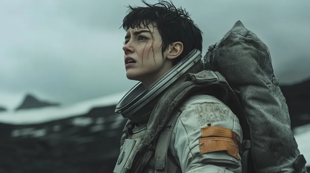 Here's a description of the image:

The image shows a close-up of a woman, possibly an astronaut, with short, dark hair.  Her face is partially marred by what looks like dirt or scratches. She's wearing a worn, grayish-white spacesuit with a large backpack, showing signs of significant wear and tear. An orange patch is visible on her sleeve. Her expression is one of concern or apprehension. The background is blurred but shows a desolate, icy landscape, suggesting a cold and possibly harsh environment. The overall mood is one of loneliness, hardship, and perhaps survival.