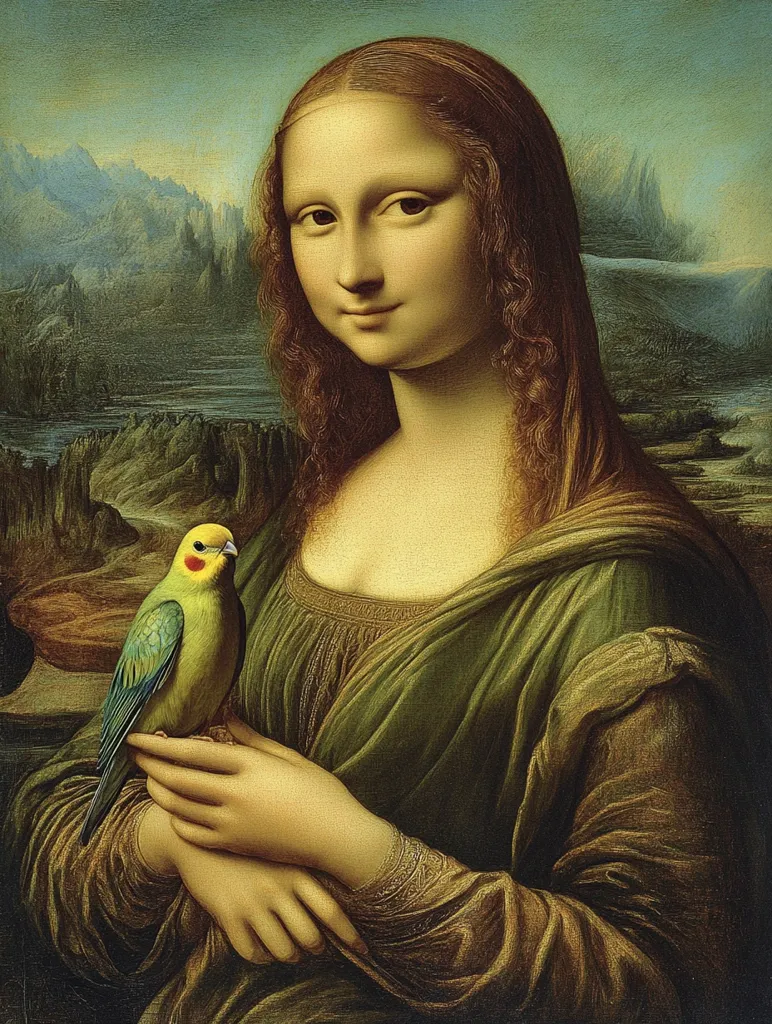 This is a digitally altered version of Leonardo da Vinci's Mona Lisa.  The iconic portrait remains largely unchanged, depicting a woman with a subtle smile, dark hair, and a green dress.  However, a small, vibrant green and yellow budgerigar is added, gently held in the woman's hands. The bird contrasts with the muted tones of the original painting, creating a whimsical and unexpected juxtaposition.  The serene landscape in the background remains consistent with the original.