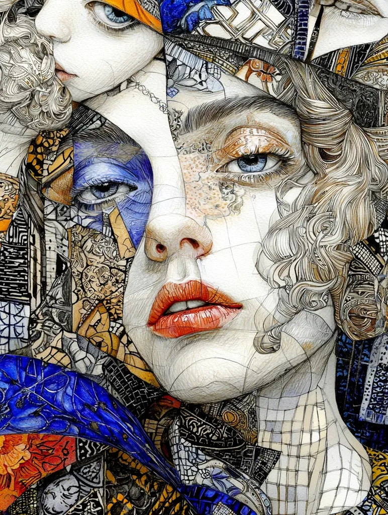 This artwork is a detailed, intricate portrait composed of fragmented images and patterns. The central figure is a woman’s face, rendered with realistic detail in shades of beige and highlighted by bright red lips and striking blue eyes. Her face is partially obscured and interwoven with a collage of smaller, seemingly unrelated images, creating a mosaic-like effect.  The style blends realism with surrealism, using a mix of pencil, ink, and possibly watercolor techniques, to generate a visually rich and complex composition. The overall palette is rich with blues, oranges, and blacks, contrasted by the fair skin tones.