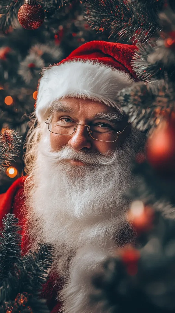 Here's a description of the image:

Close-up view of Santa Claus, partially obscured by a Christmas tree. He wears a traditional red suit with white fur trim, glasses, and has a long, flowing white beard.  His expression is kind and slightly smiling. The Christmas tree is decorated with red ornaments and warm, golden lights, creating a festive and inviting atmosphere.  The focus is primarily on Santa's face and beard, with the tree providing a bokeh-like background. The overall mood is warm, joyful, and classic Christmas imagery.