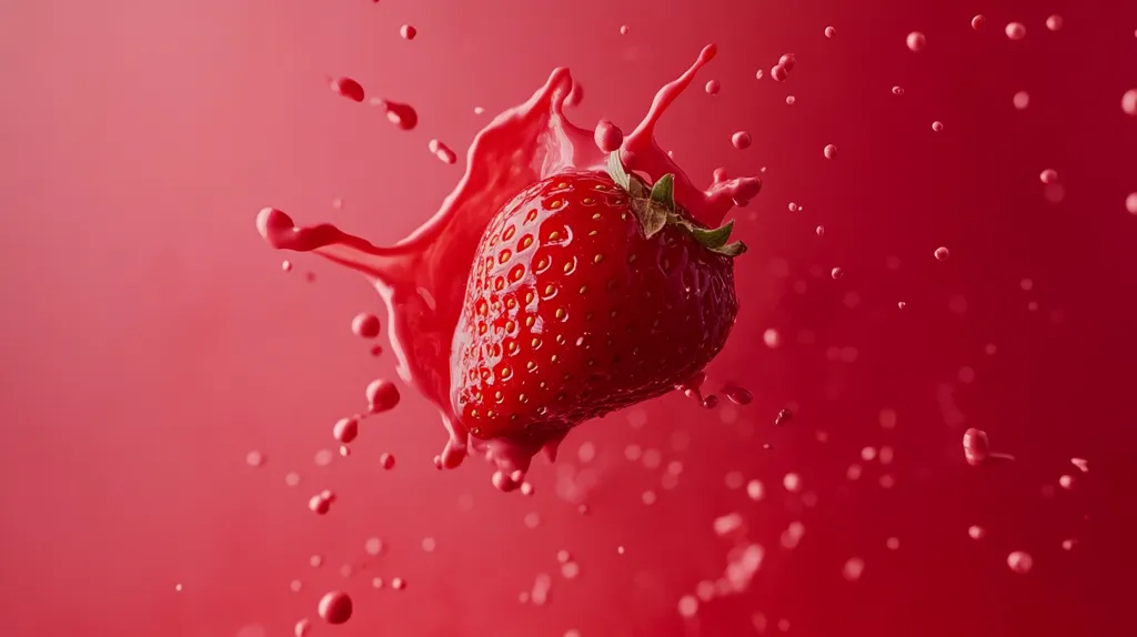 A vibrant red strawberry is captured mid-air, seemingly bursting through a splash of its own juice.  The background is a matching deep crimson, creating a visually striking contrast.  Tiny droplets of liquid are scattered throughout the image, suggesting motion and freshness. The strawberry's glossy surface and detailed texture are highlighted against the dynamic splash. The overall effect is one of juicy energy and summery delight.