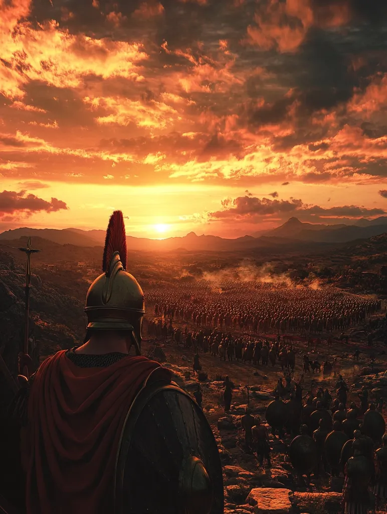 Here's a description of the image:

The image depicts a dramatic sunset scene dominated by a vast Roman army stretching across a rugged landscape.  A lone Roman soldier, seen from behind, stands in the foreground, his back to the viewer, gazing at his legions marching towards a distant horizon. The fiery orange and red hues of the setting sun cast a dramatic glow on the scene, emphasizing the scale of the army and the soldier's solitary position.  The soldier's armor and cloak are detailed, adding to the sense of realism and historical context. The overall atmosphere is one of epic scale, power, and perhaps, impending battle.