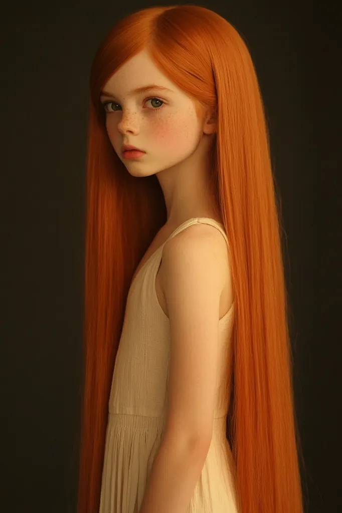 A young girl with exceptionally long, vibrant red hair stands against a dark background. She wears a simple, light beige sleeveless dress. Her pale skin is adorned with freckles, and her green eyes gaze gently toward the viewer.  The image has a soft, almost ethereal quality, emphasizing the girl's delicate features and striking hair.
