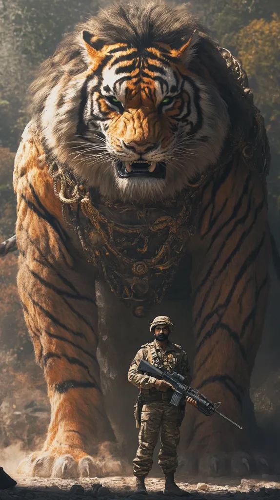A digital illustration depicts a colossal tiger, adorned with ornate golden jewelry, looming over a lone soldier armed with an assault rifle. The tiger's intense gaze and bared teeth convey aggression. The soldier, in camouflage fatigues, stands defiantly but dwarfed by the immense creature.  The backdrop suggests a forest setting, adding to the dramatic atmosphere.  The contrast in size highlights the power of nature versus human strength.