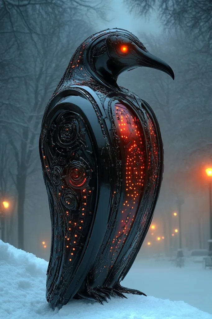A digital rendering depicts a sleek, black robotic penguin standing in a snowy landscape.  Its body is intricately designed with glowing orange lines and circular patterns, suggesting internal mechanisms.  The penguin's eyes emit an eerie red light. The background features a blurry, atmospheric city scene with streetlights, adding a futuristic contrast to the mechanical bird in the foreground.  The overall mood is dark, mysterious, and slightly ominous.