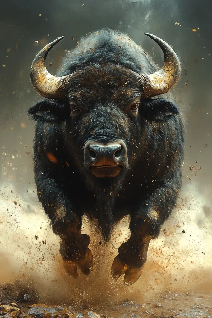 Here's a description of the image:

A powerful, dark-colored bull, possibly a water buffalo, charges forward, creating a cloud of dust and mud around its hooves. Its large, curved horns are prominent, and its muscular body is tense with energy.  The bull's gaze is intense and focused ahead. The background is blurred, a dark and moody contrast to the vibrant, earthy tones of the dust kicked up by the animal's powerful charge. The overall image conveys a sense of raw strength and untamed power.