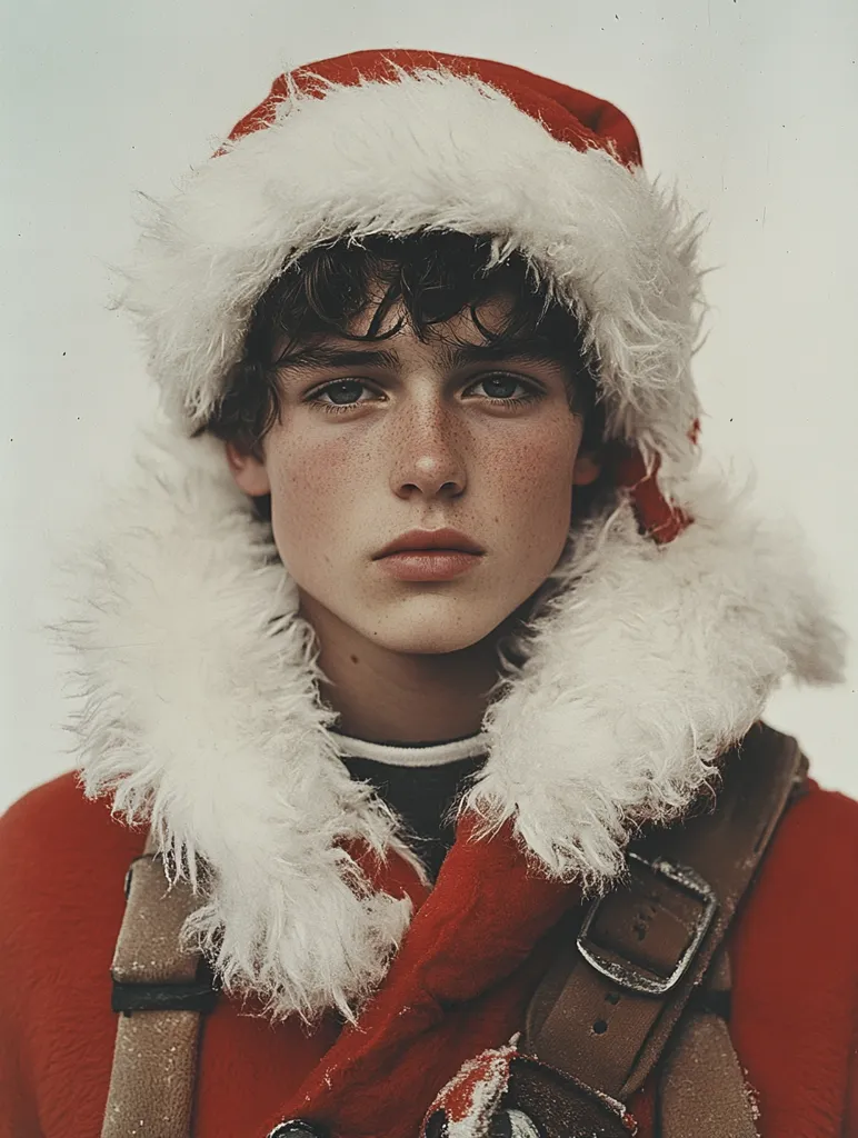 Here's a description of the image:

Close-up portrait of a young man with fair skin and freckles, wearing a Santa hat with a thick white fur trim. His dark, slightly curly hair peeks out from under the hat. He has a serious expression. The red Santa coat is visible at the shoulders and neckline, partially obscured by the fluffy hat. A brown leather strap or harness is across his chest. The overall style evokes a moody, slightly melancholic Christmas aesthetic. The background is a plain, light-grey.