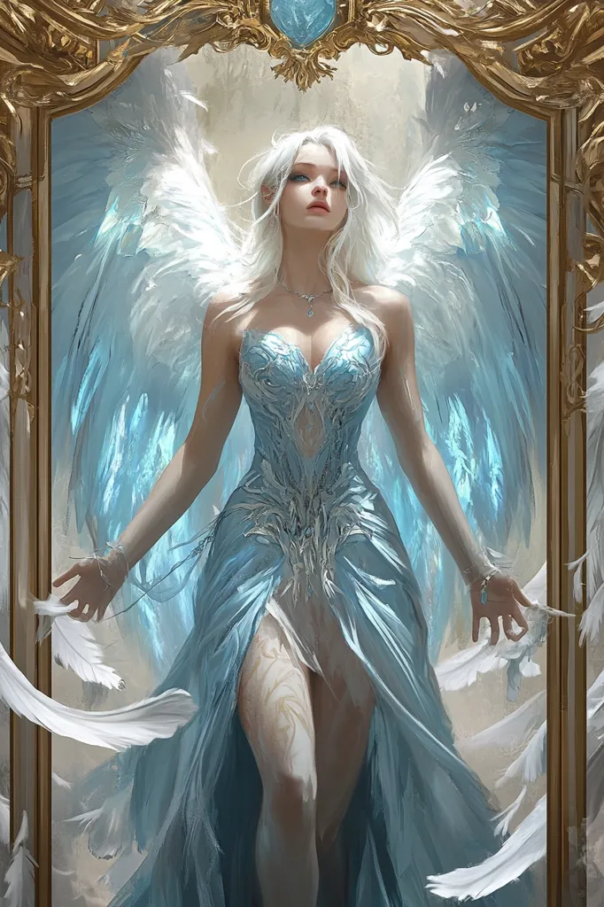 Here is a description of the image:

The artwork depicts a celestial being, possibly an angel, with large, pale blue wings.  She possesses long, flowing white hair and fair skin, and she wears a beautiful, pale blue gown adorned with intricate, silvery details. The dress is low-cut and flows gracefully to the ground.  She stands within an ornate golden frame, reminiscent of a mirror or artwork, adding to the ethereal quality of the piece.  Delicate white feathers drift around her, emphasizing the lightness and grace of her form. Her expression is serene, and her pose is elegant, suggesting a sense of ethereal beauty and quiet power.