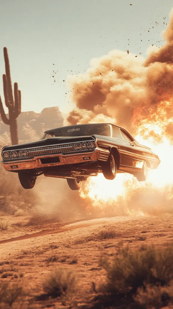 A classic dark-colored muscle car, possibly a 1960s model, is airborne, propelled by a fiery explosion behind it.  The car is mid-jump, wheels lifted, against a backdrop of a desert landscape with a saguaro cactus and dusty, orange-hued sky.  The image evokes a sense of speed, power, and a dramatic, possibly action-filled scene. The smoke and fire create a dynamic, energetic composition.