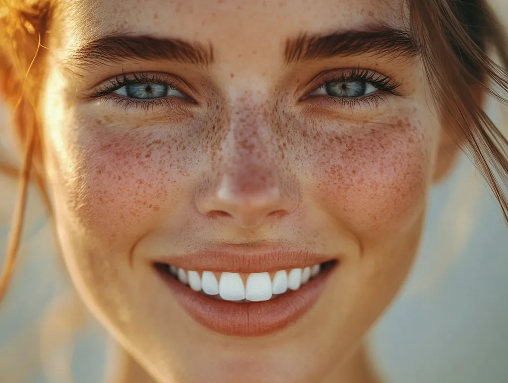 Here's a description of the image:

Close-up view of a young woman's face, showcasing her naturally beautiful features.  Her skin is lightly tanned, adorned with numerous freckles, and shows a healthy glow.  She has bright blue eyes, well-defined eyebrows, and a warm, genuine smile revealing a bright, even set of white teeth.  Her hair, partially visible, appears to be light brown or reddish. The overall impression is one of natural beauty and youthful radiance.